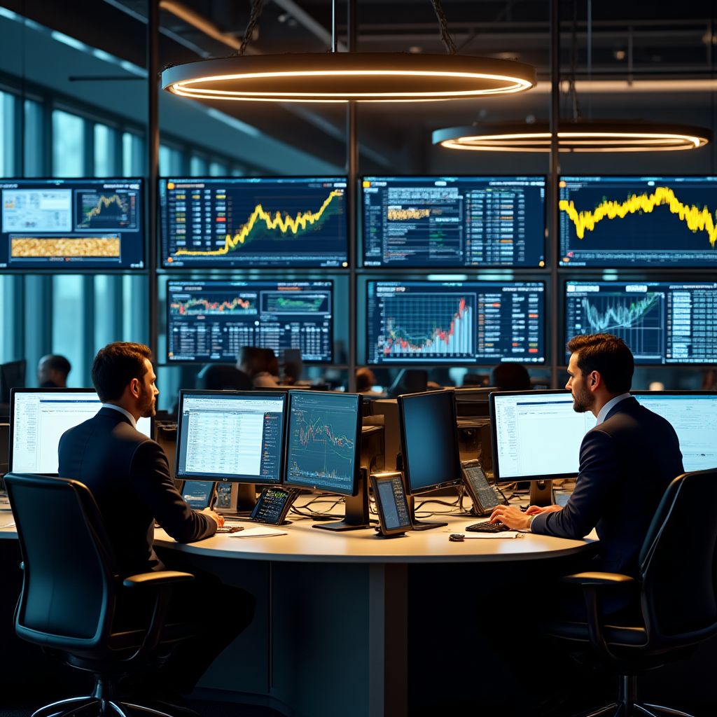Golden Standard trading floor with analysts monitoring gold markets